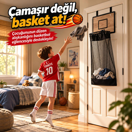 LetsBasket® Basketbol Potası Tasarımlı Kirli Çamaşır Sepeti – Kapıya Asılabilir